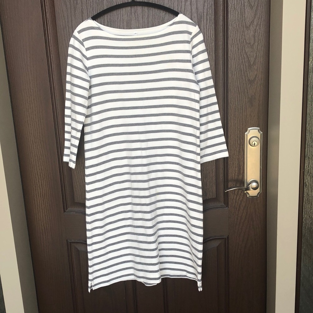 MUJI Striped Cotton Dress White Gray Minimalist Casual Loose Fit Size M